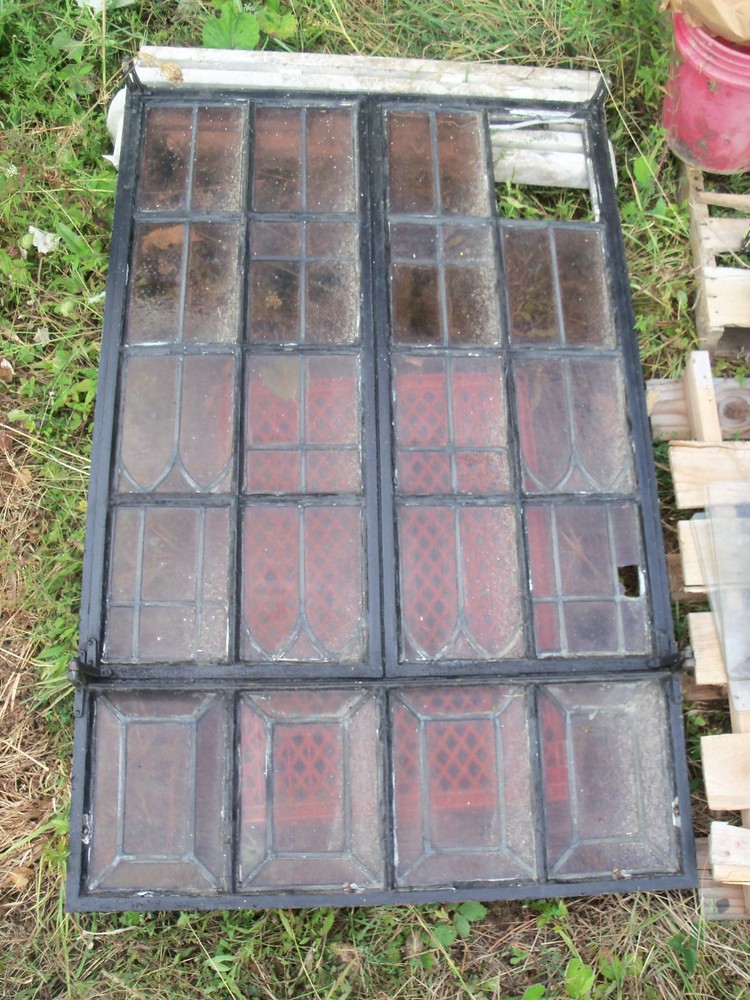 Vintage Leaded Brown Glass Steel Full Casement Window, 61 1/2″ x 39 1/4″