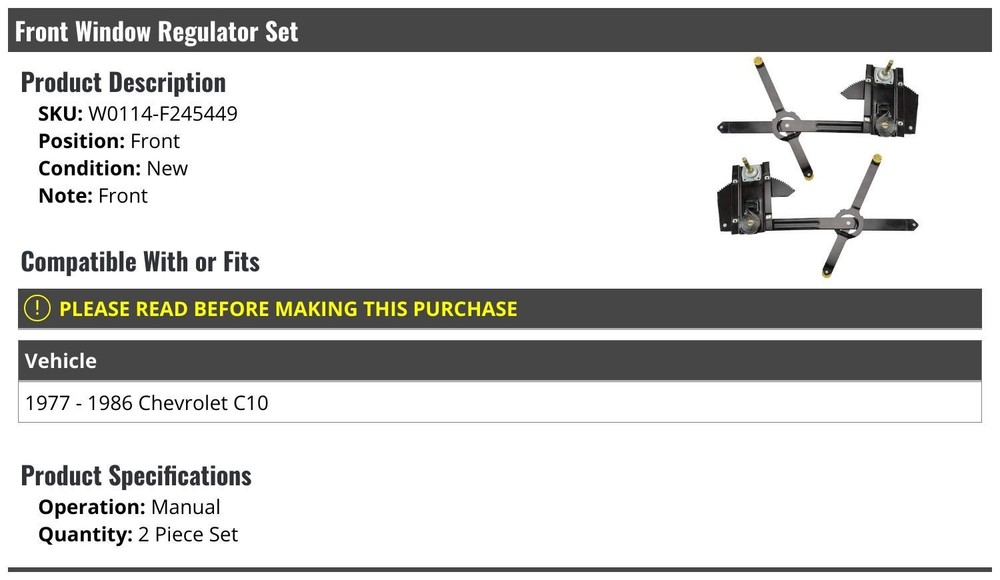 Front Manual Window Regulator Set – 2 Piece – Compatible with 1977-1986 Chevy C1