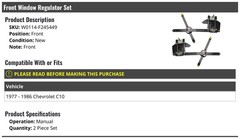 Front Manual Window Regulator Set – 2 Piece – Compatible with 1977-1986 Chevy C1