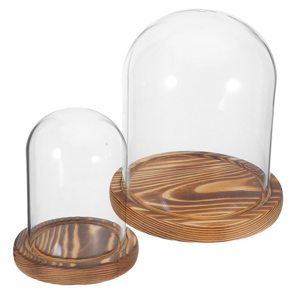 2 Sets Glass Dome Cover with Wood Base Crystal Clear Decorative Display Dome