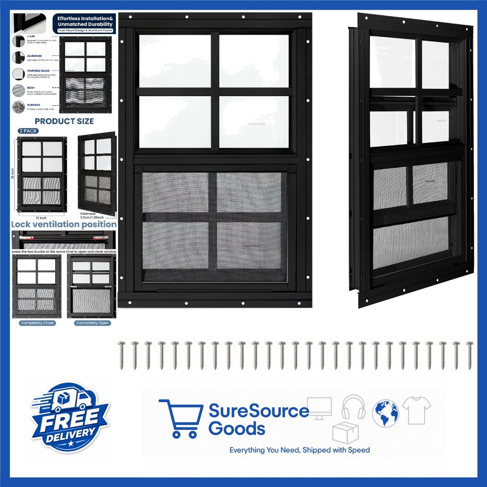 Black Sliding Shed Windows 12″ x 18″ 2 Pack with Tempered Glass & Screen