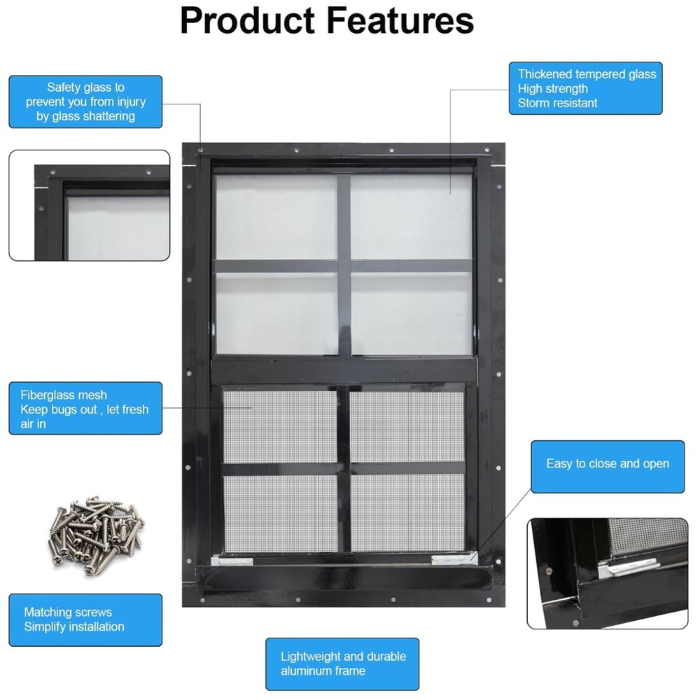 Versatile Shed Windows 24×36, Black Frame, Tempered Glass