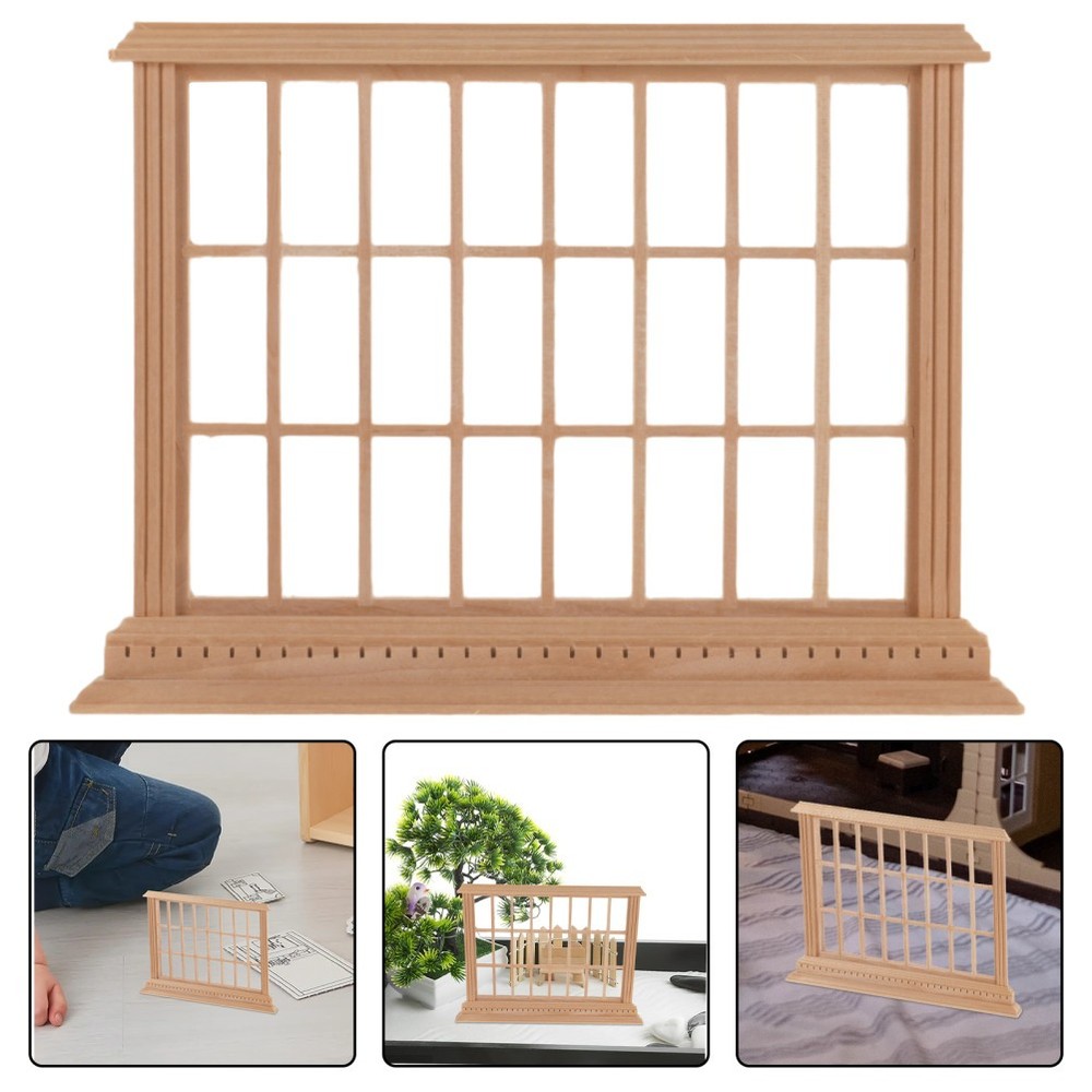 Unfinished Beige Mini Wood Window Frame for Dollhouse and Model House Decor