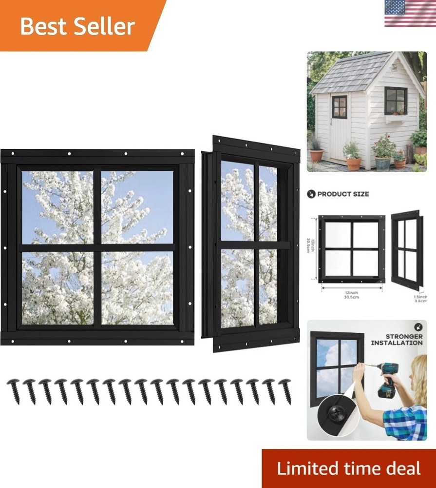 2 Pack 12″ x 12″ Shed Windows with Tempered Glass – Durable & Stylish Black