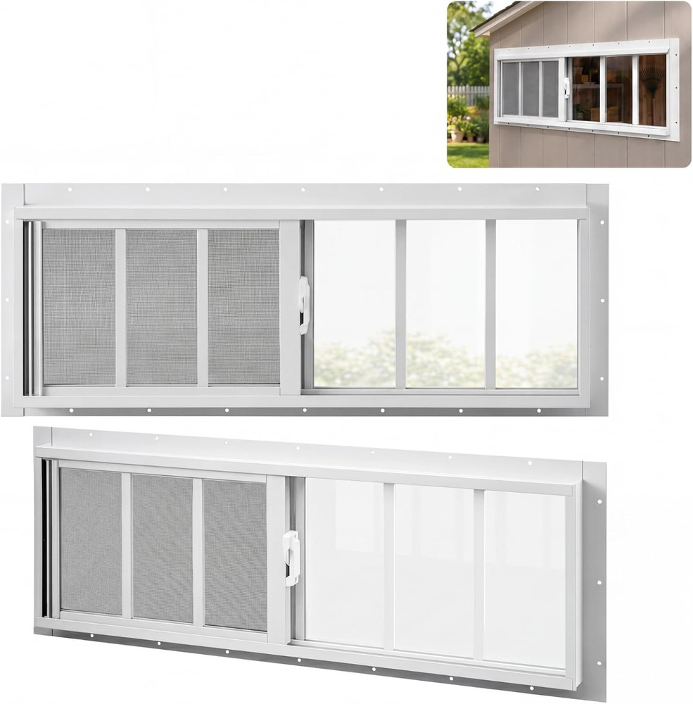 2 Pack 10″ X 29″ Shed Windows, White Aluminum Sliding Frame with Tempered Glass,