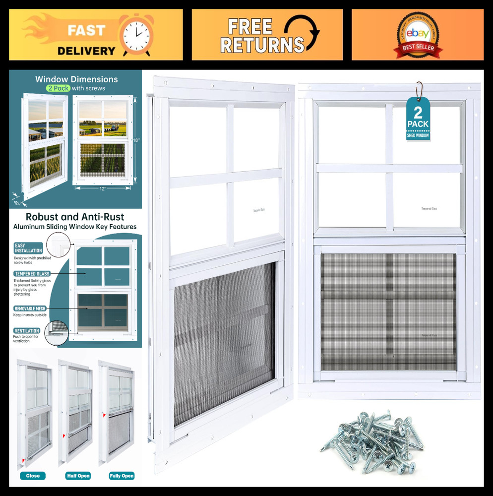 2 Pack 12″x18″ Flush Mount Shed Windows – Tempered Glass & Fiberglass Screen for