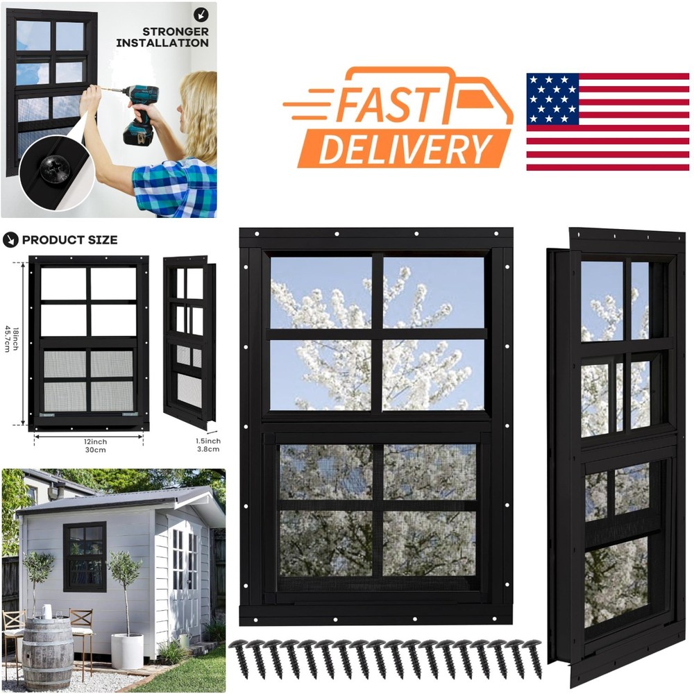 Ventilated Shed Windows 12 Inch x 18 Inch Black with Built in Fiberglass Screens