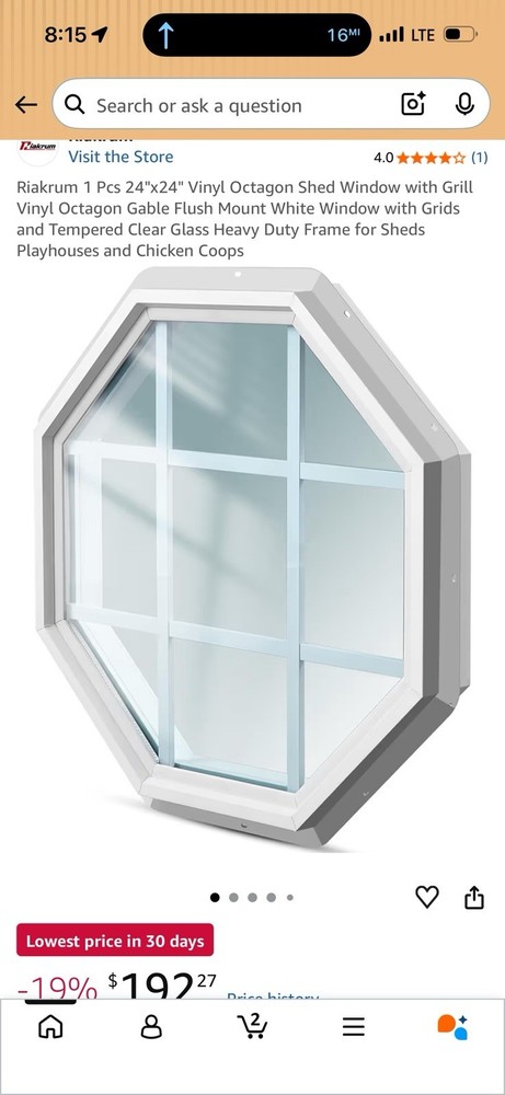 Riakrum 24×24 Octagon Vinyl/PVC Window White Double Pane Insulated GBG Grids