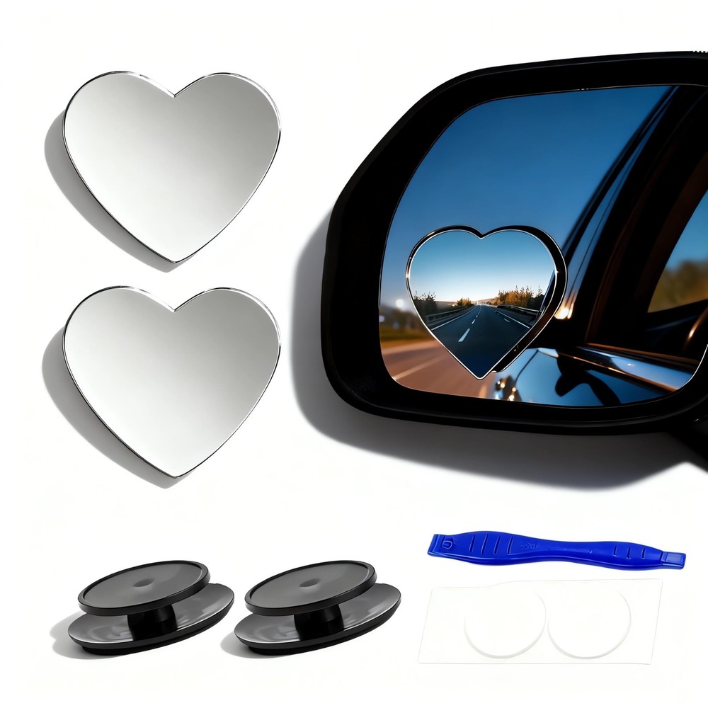 2 pcs Blind Spot Mirrors 2 Heart Shaped HD Glass Convex 360° Wide Angle Side