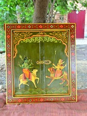 Antique Hand Painted Hindu Deities Durga & Shiva Old Rajasthani Wooden Window