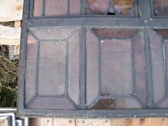 Vintage Leaded Brown Glass Steel Full Casement Window, 61 1/2″ x 39 1/4″