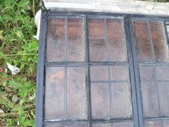 Vintage Leaded Brown Glass Steel Full Casement Window, 61 1/2″ x 39 1/4″