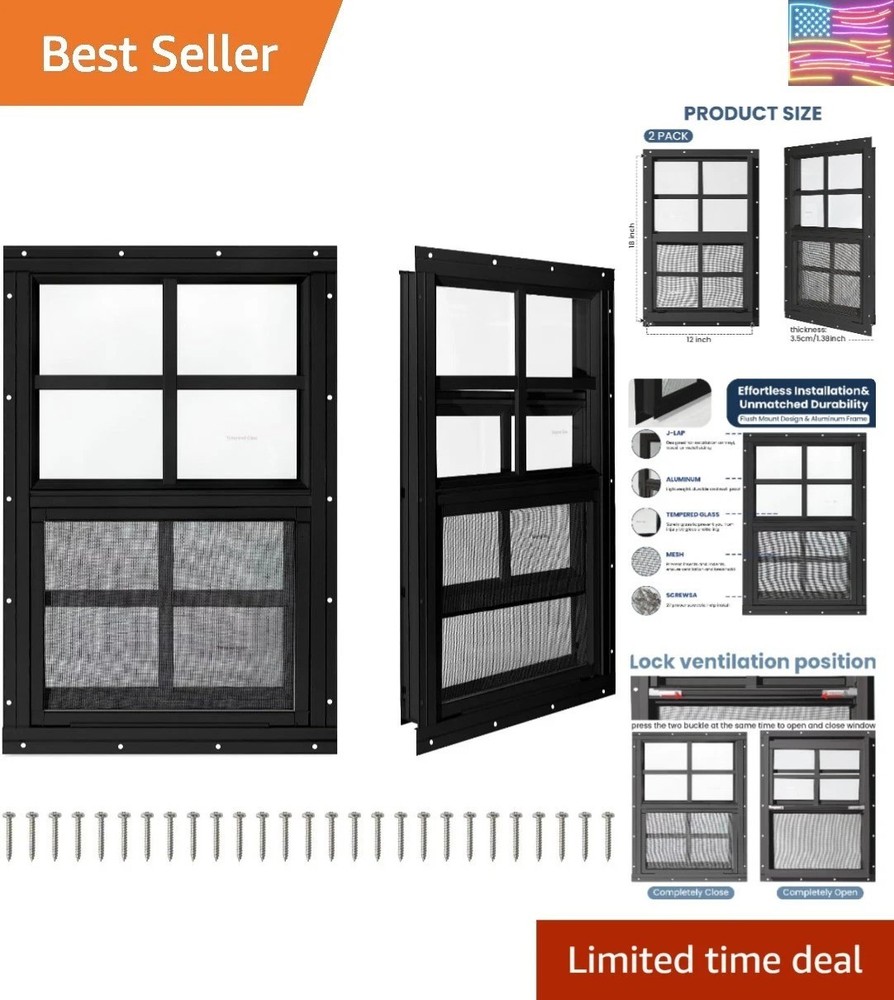 2 Pack Shed Windows,12″ x 18″ Small Sliding Windows,Flush Mount Windows with …