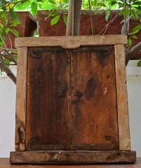 Antique Hand-Painted Indian Wooden Window Panel with Krishna Art Hanging Frame