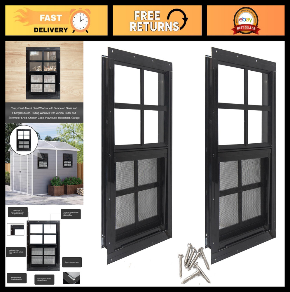 12″ x 18″ Tempered Glass Shed Windows, 2-Pack Small Sliding for Coop, Garage, Ba