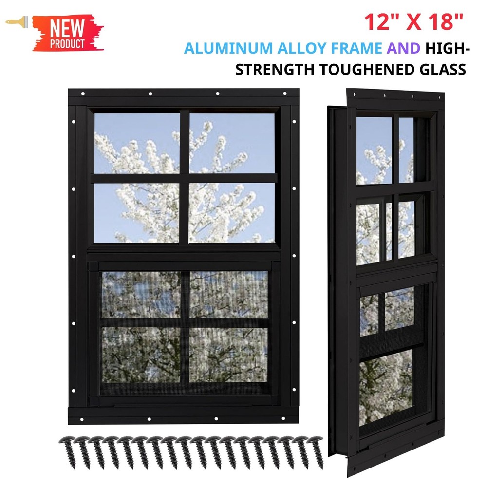 2 Pack, Chicken Coop Windows 12″ x 18″ with Tempered Glass and Fiberglass Screen