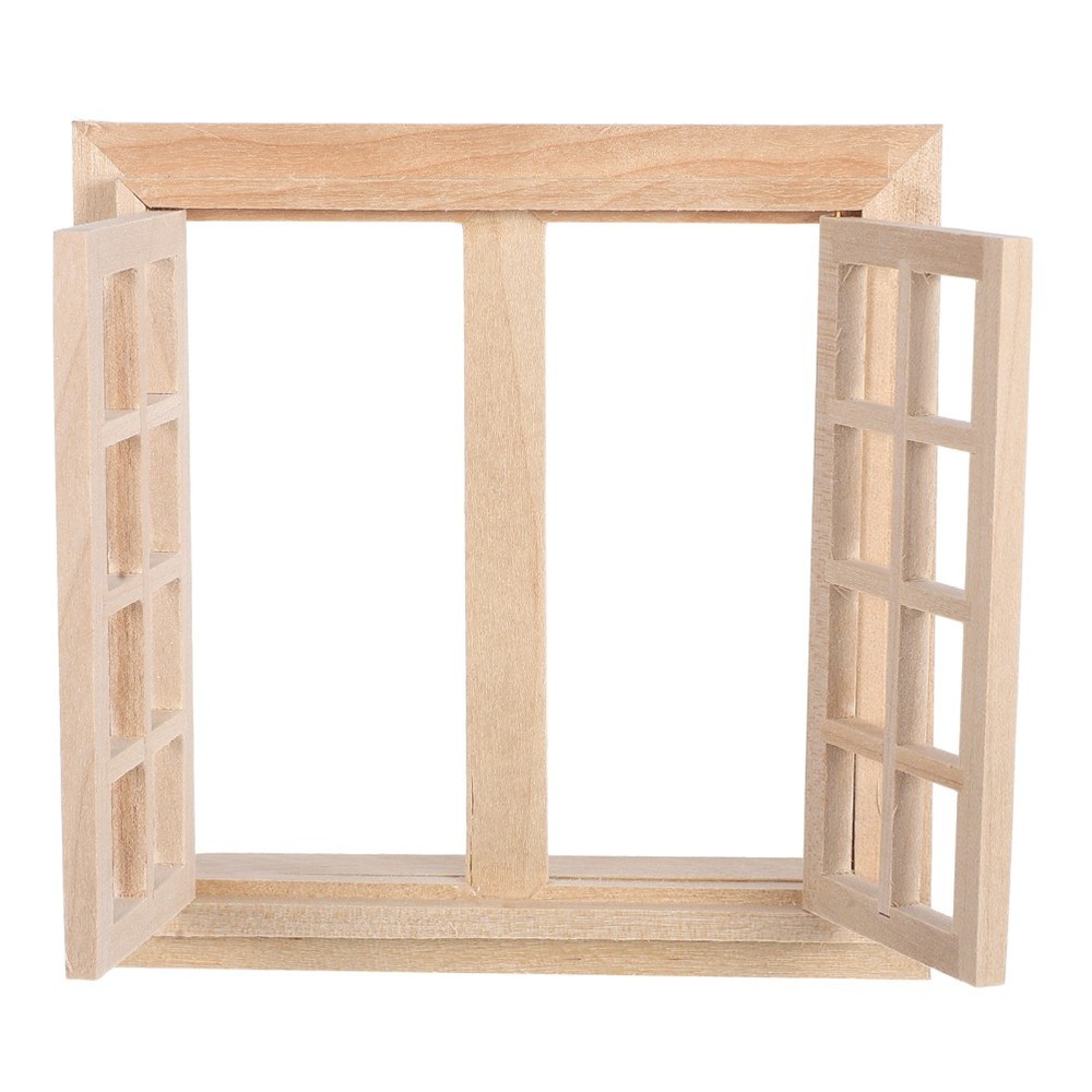 4 Pack of Durable Mini DIY Wooden Windows Khaki Color Miniature Home Decor