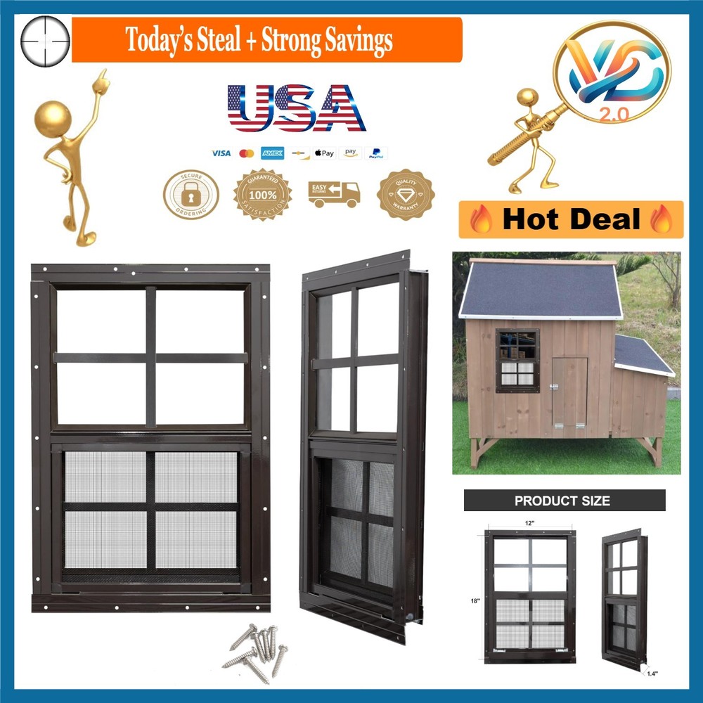 2 Pack Shed Windows with Black Frame 12×18 Tempered Glass Fiberglass Screen