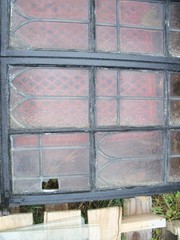 Vintage Leaded Brown Glass Steel Full Casement Window, 61 1/2″ x 39 1/4″