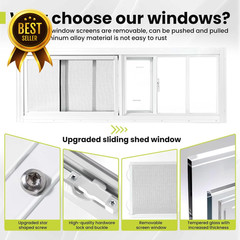 2 Pack 10×29″ Shed Sliding Windows White Tempered Glass Grille Screen Panels