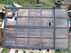 Vintage Leaded Brown Glass Steel Full Casement Window, 61 1/2″ x 39 1/4″