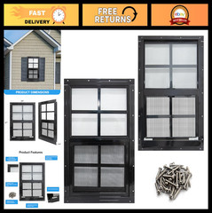 2 Pack 24×27 Shed Windows with Black Frame, Tempered Glass & Screen for Coop, Ga
