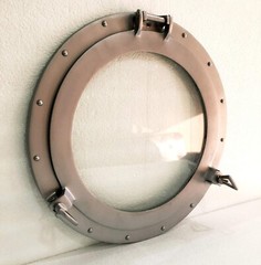 12″ Antique Silver Canal Boat Porthole-Window Ship Round Glass Wall Decor