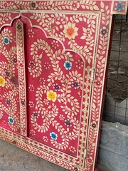 Hand Painted Pink Wooden Window Bone Inlay Designs Indian Floral Wall Decor