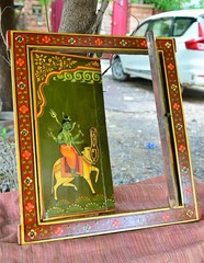 Antique Hand Painted Hindu Deities Durga & Shiva Old Rajasthani Wooden Window