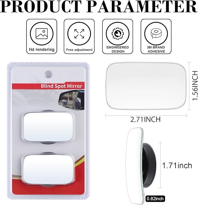 Suction Cup Blind Spot Mirror, HD Glass Frameless Removable Convex Rectangular