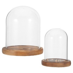 2 Sets Reusable Glass Display Dome with Wood Base Transparent Decor Cover