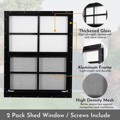 2 Pack 18″x23″ Black Shed Windows with Tempered Glass & Screen – Flush Mount