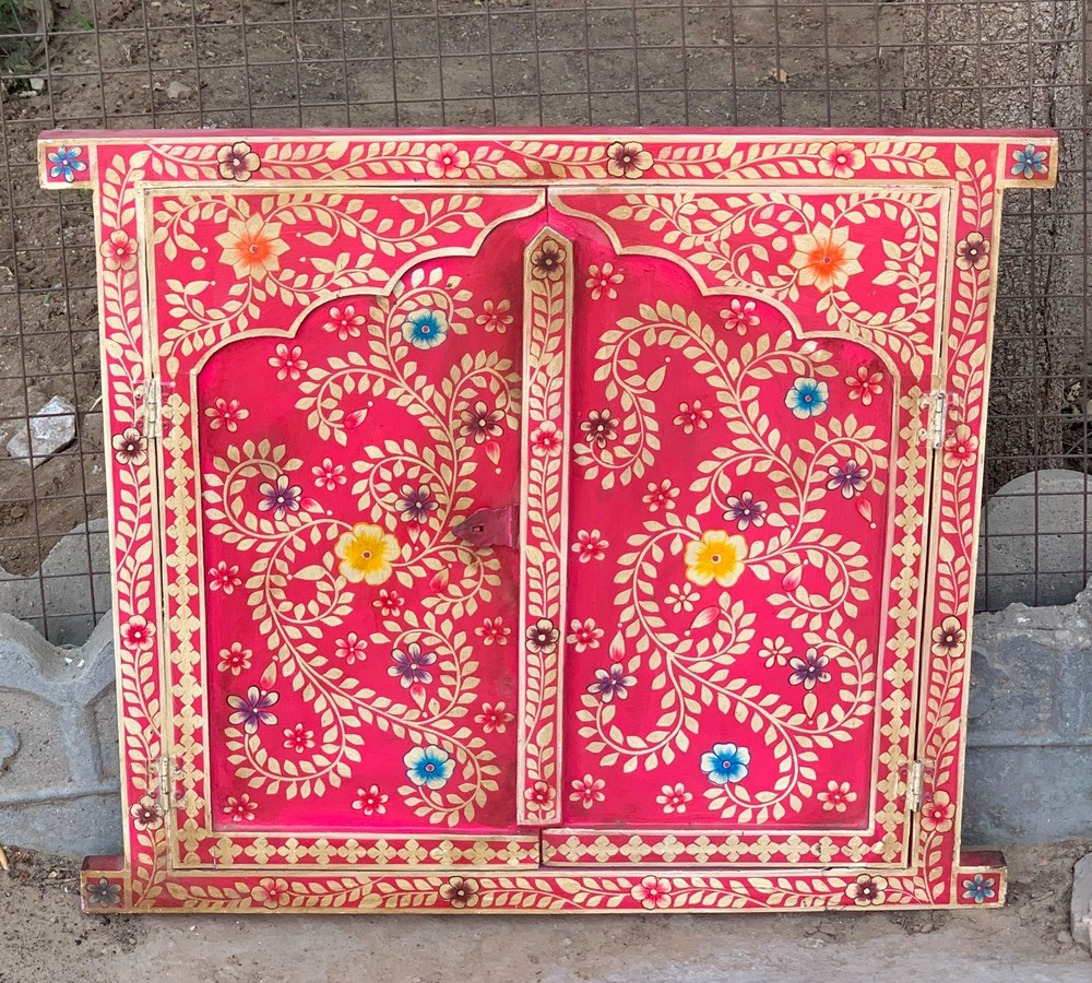 Hand Painted Pink Wooden Window Bone Inlay Designs Indian Floral Wall Decor