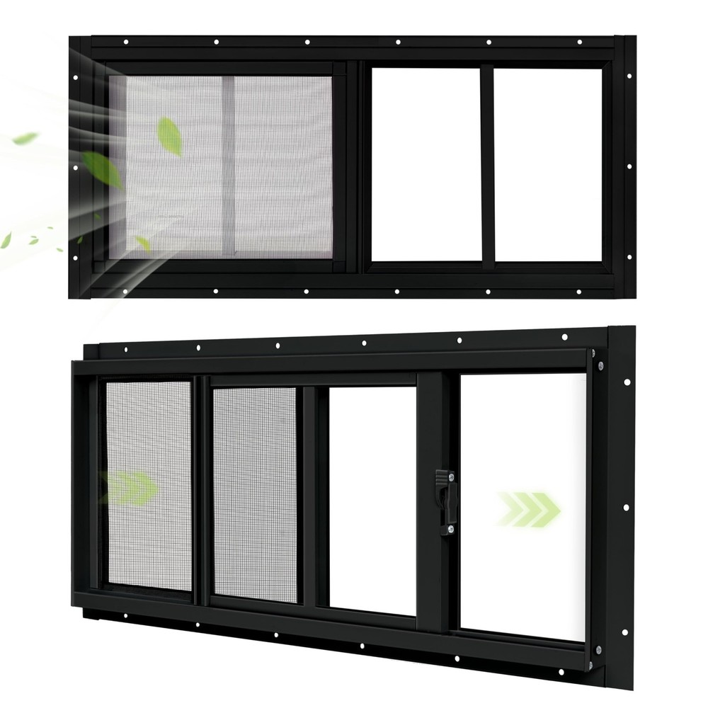 2 Pack Sliding Shed Windows 10×18 In Black Transom Window Tempered Glass Screen