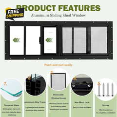 2 Pack 10×18 Sliding Shed Windows Black Tempered Glass Screen Chicken Coop