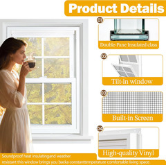 Vinyl Double Hung Window 36″ X 48″, Double-Pane Tempered Glass, Built-In Drainag