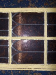 Vintage Leaded Brown Glass Steel Casement Window, 36 3/8″ x 20″