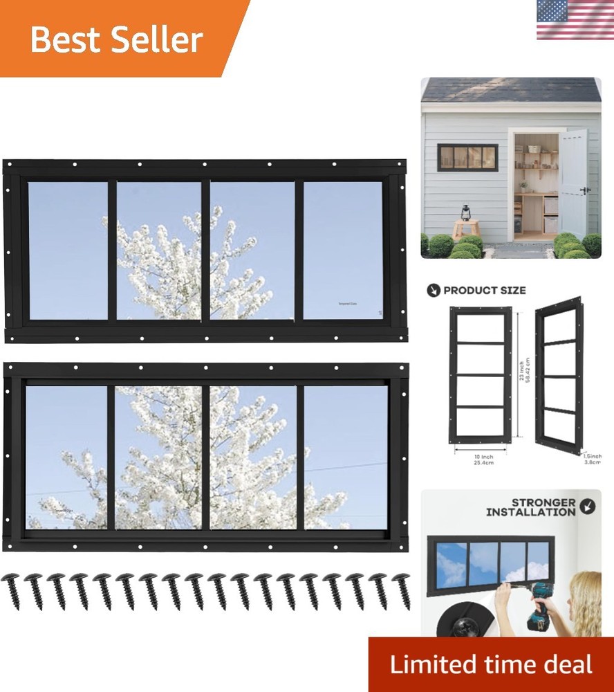 Durable Transom Shed Windows 10″ x 23″ with Tempered Glass – Black Aluminum