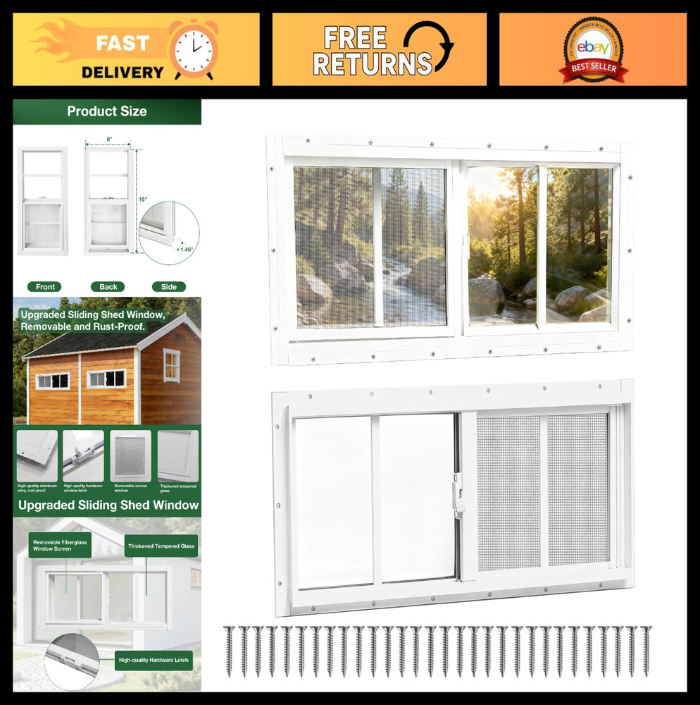 2 Pack 8″x16″ Sliding Windows with Tempered Glass & Removable Screen for Shed, C