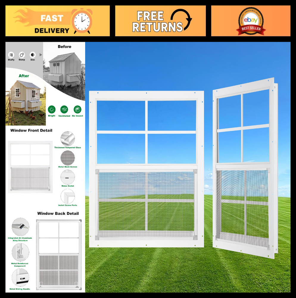 24″ x 27″ Shed Windows 2 Pack – Small Sliding Tempered Glass & Metal Screen, Flu