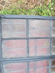 Vintage Leaded Brown Glass Steel Full Casement Window, 61 1/2″ x 39 1/4″
