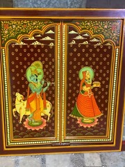 Radha Krishna Hand Painted Wooden Window Religious Hindu Deity Wall Decor Frame