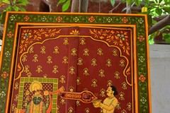 Antique Hand-Painted Indian Wooden Window Panel with Krishna Art Hanging Frame