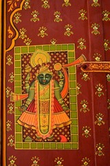 Antique Hand-Painted Indian Wooden Window Panel with Krishna Art Hanging Frame