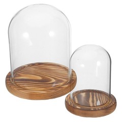 2 Sets Reusable Glass Display Dome with Wood Base Transparent Decor Cover