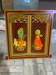 Radha Krishna Hand Painted Wooden Window Religious Hindu Deity Wall Decor Frame