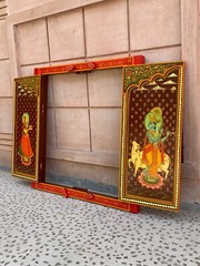 Radha Krishna Hand Painted Wooden Window Religious Hindu Deity Wall Decor Frame