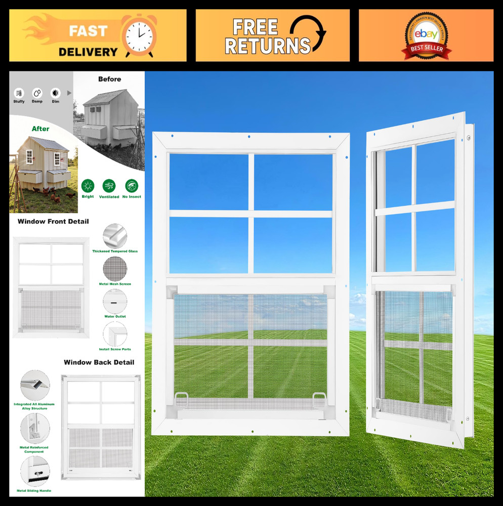2 Pack 18×23 Shed Windows – Small Sliding Tempered Glass with Metal Mesh Screen