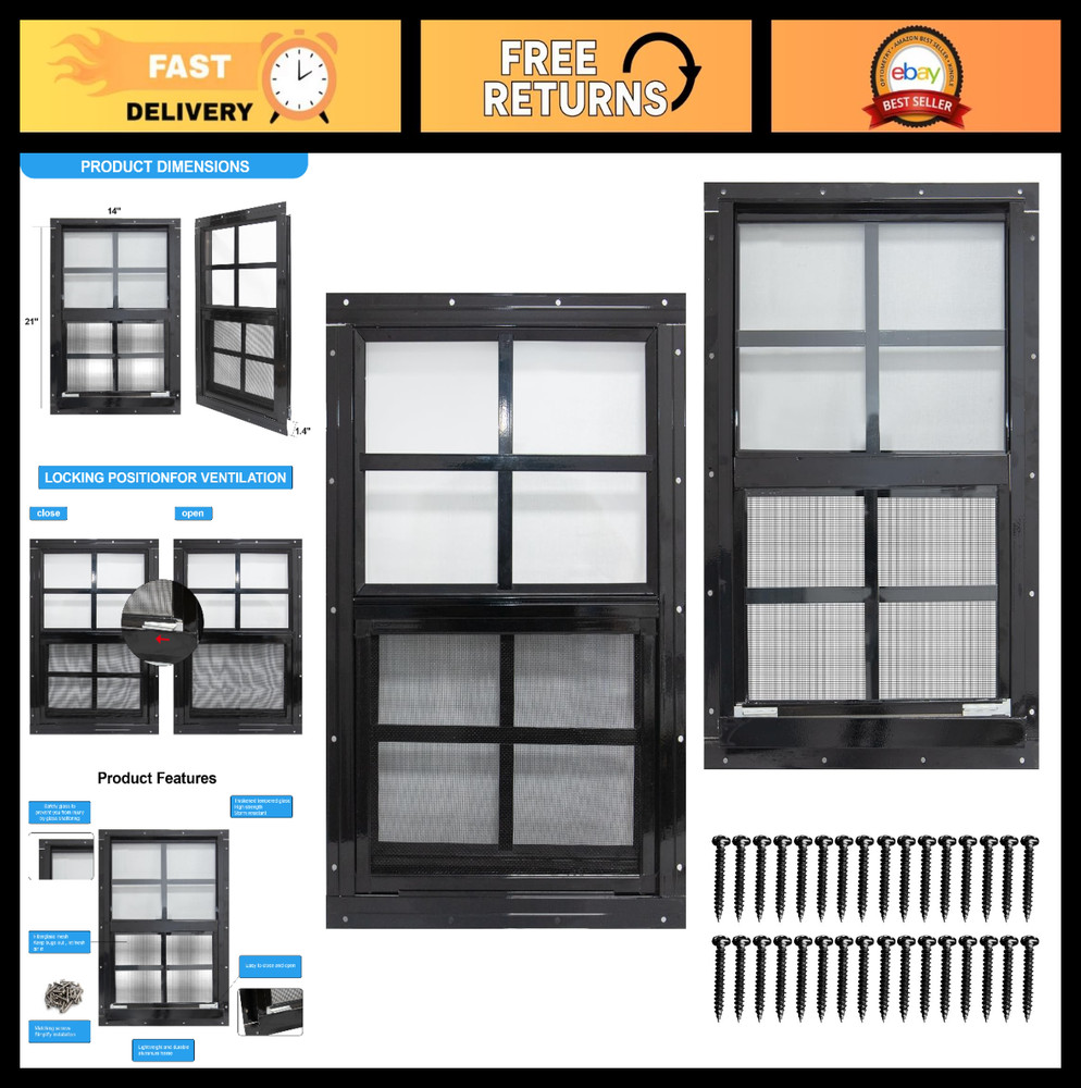 2 Pack Flush Mount Shed Windows 14×21, Black Frame, Tempered Glass, Fiberglass S