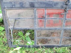Vintage Leaded Brown Glass Steel Full Casement Window, 61 1/2″ x 39 1/4″